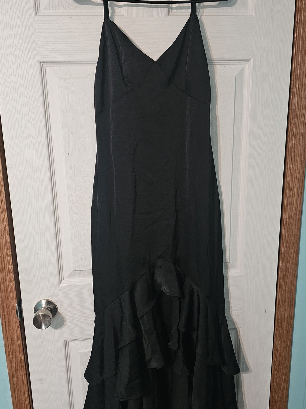 Lulu's Black Satin Strapless Ruffle-Hem Slip Dress